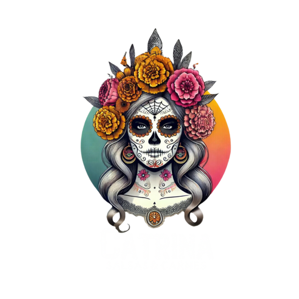 Catrina Salsas & Carnes logo featuring a Day of the Dead-inspired skull design with colorful flowers and a gradient background.