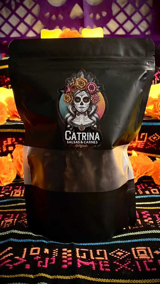 4oz Catrina Origibal beef jerky packagingn, traditional Mexican flavor, with skull design and decorative background inspired by Día de los Muertos.